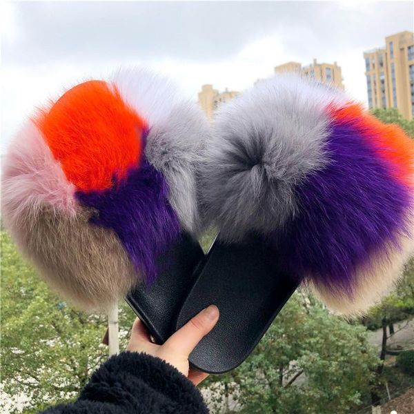 

slippers summer women's fur ladies indoor flat non-slip furry flip flops cute plush sandals female luxury soft fluffy slides, Black