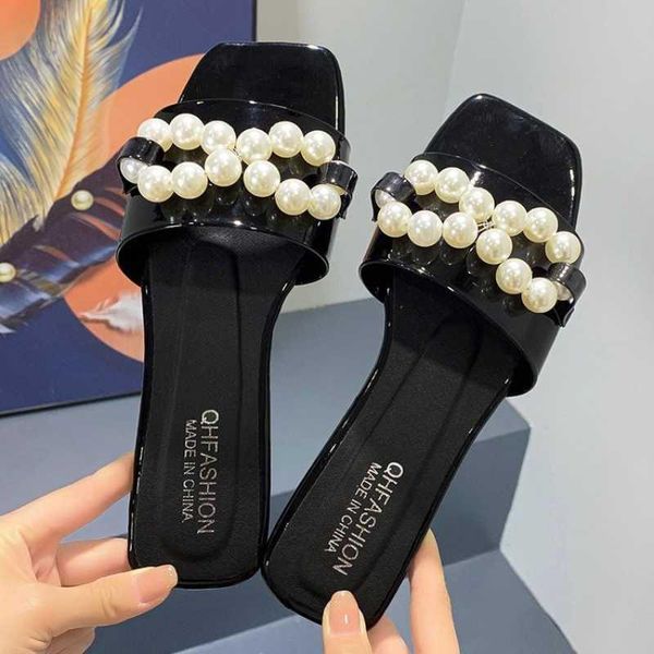 

slippers 2021 square-toe women's outer wear summer style flat sandals and pearls all-match word with lazy drag jelly purse, Black