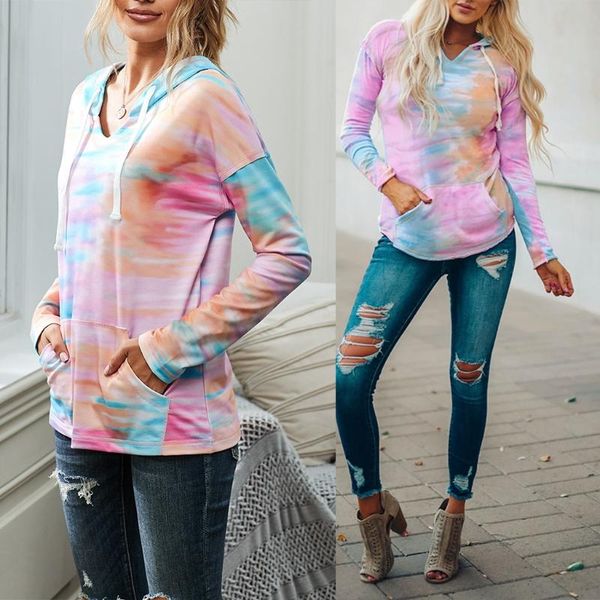 

women's hoodies & sweatshirts women autumn colorful tie-dye printed sweatshirt long sleeve v-neck drawstring loose lightweight pullover, Black