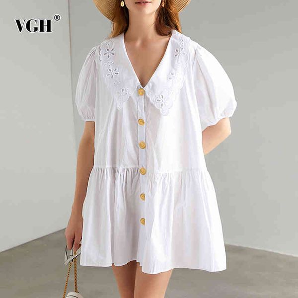 

vgh elegant hollow out dress for women doll collar puff sleeve casual white mini dresses female fashion new clothing summer tide 210421, Black;gray