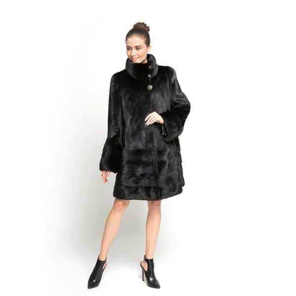 

women's fur & faux zy89007 winter ladies luxury solid mandarin collar real mink women warm coat long jacket, Black