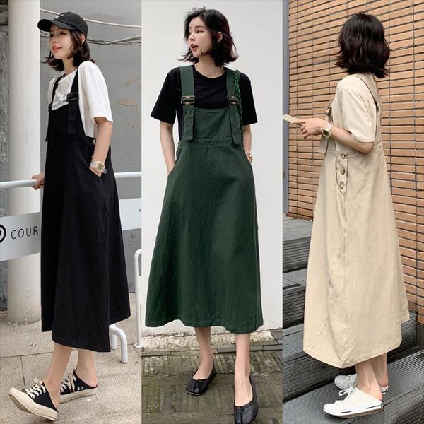 

spring summer oversized sleeveless women dresses overall vestidos cotton robe strap suspender ke896, Black;gray