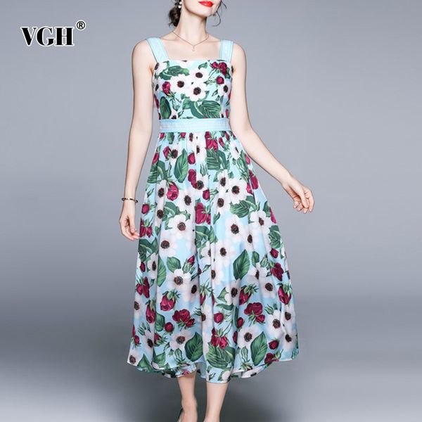 

vgh sweet print sling dress for women square collar sleeveless high waist patchwork lace casual midi dresses female fashion 210421, Black;gray