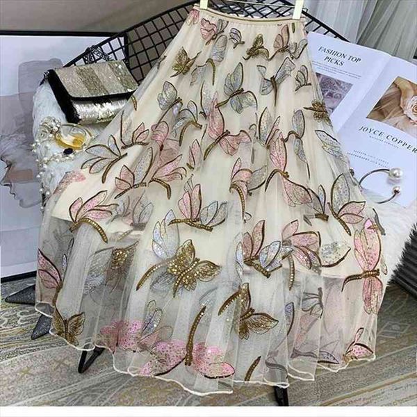

sequin mesh embroidery dragonfly long women skirt spring and summer slim high waist pleated sweet midi tulle skirts female, Black