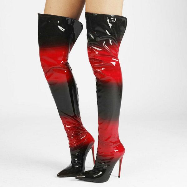 

boots fashion mixed colors women patent leather zipper knee high stiletto long pointed toe autumn winter shoes, Black