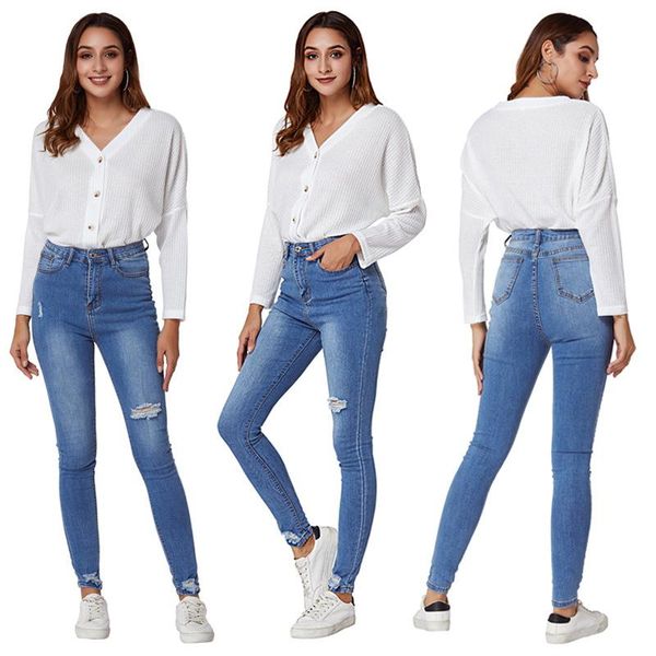 

women's jeans high waist skinny women casual streetwear slim ripped jean trousers female pantalones vaqueros mujer classic denim pants, Blue