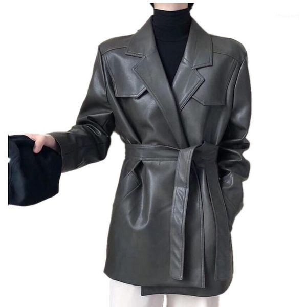 

women's jackets 2021 autumn fashion belted pu jacket women turn down collar loose coat, Black;brown