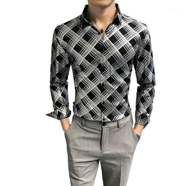 

men's casual shirts fashion long-sleeved plaid summer autumn young men wedding banquet party shirt slim fit clothes, White;black