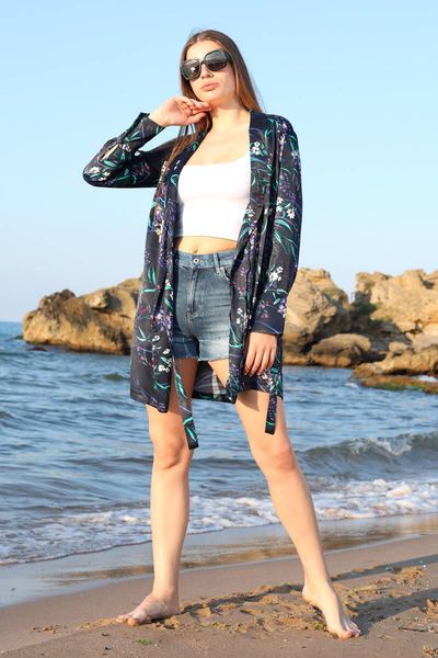 

women's jackets navy blue flower print shawl collar kimono, Black;brown