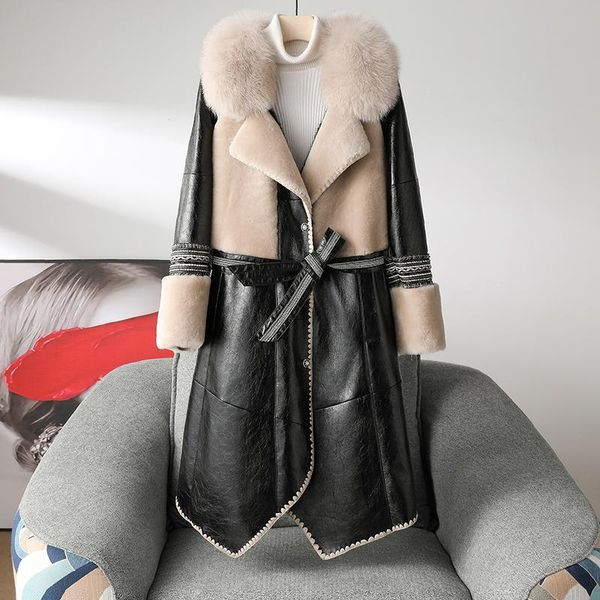 

women's fur & faux 2021 winter coat with big real collar long slim style thick warm belt sleeve, Black