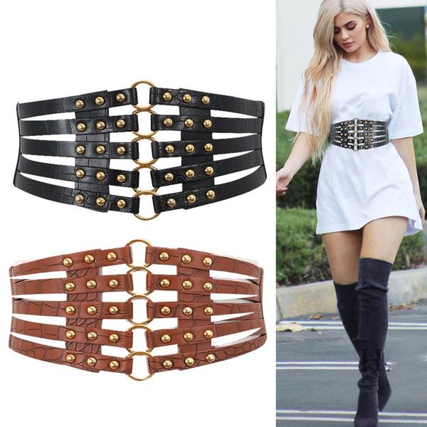 

belts waist corset belt elastic plus size designer for women punk rivet metal stretch cummerbunds wide cinturons, Black;brown