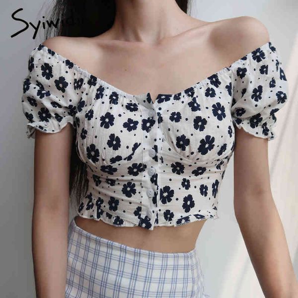 

syiwidii flower shirt women vintage puff sleeve korean fashion clothing button up blouse slash neck floral short 210417, White
