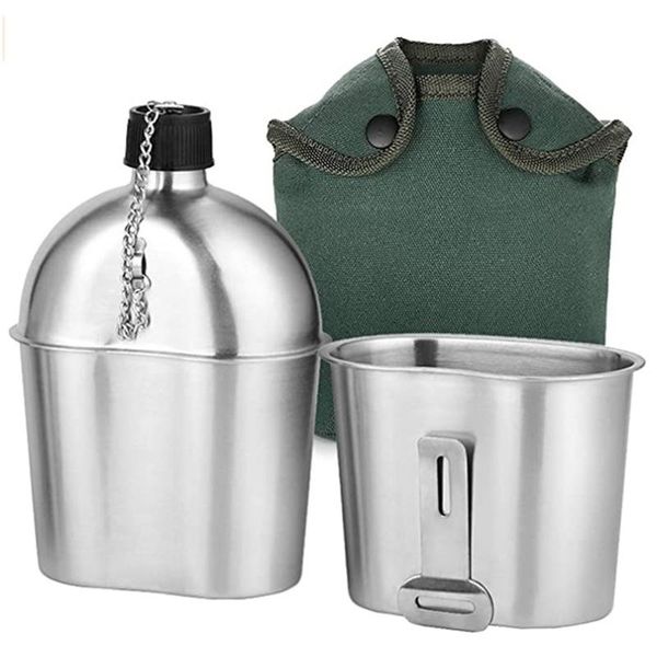 

outdoor canteen kit stainless steel cup portable stove set with cover bag for camping hiking backpacking water bottle