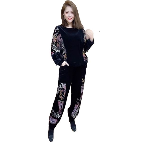 

women's tracksuits plus size tracksuit women suit spring fashion gold velvet print loose clothes casual pants two piece set ladies tide, Gray