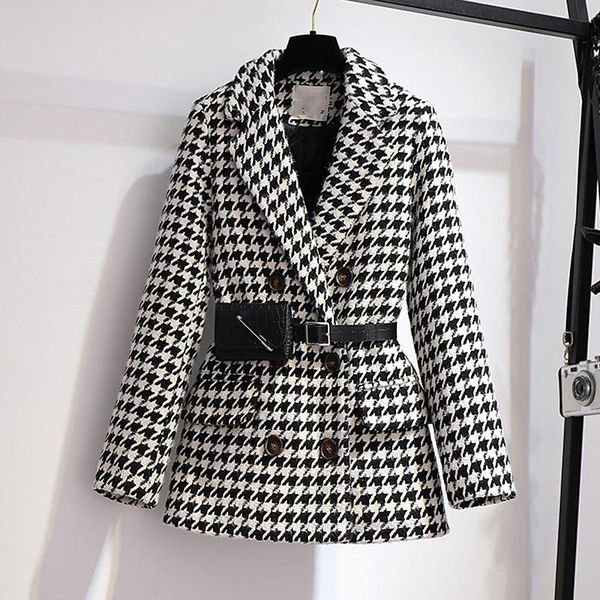 

women's jackets 2021 autumn winter woolen blends houndstooth jacket women long sleeve elegant outerwear with belt bag harajuku basic co, Black;brown