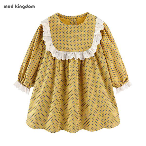 Mudkingdom Meninas Vestido Vestido Vestido Lace Trim Bolinhas A-Linha Manga Longa Primavera Bonito Crianças Roupa Ruffle Girl 210615