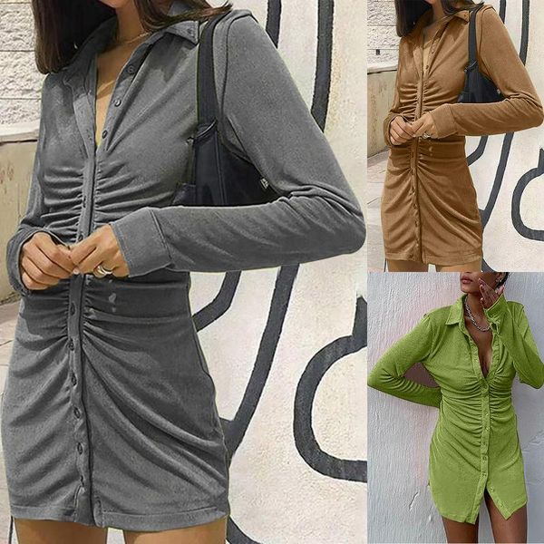 

casual dresses women pleated shirt collar temperament elegant cardigan button slim dress for vestidos de, Black;gray