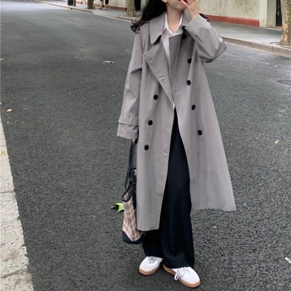 

women's trench coats elegant ol solid casual midi coat turn-down collar double breasted long sleeve windbreaker 2021 fall chic outwear, Tan;black