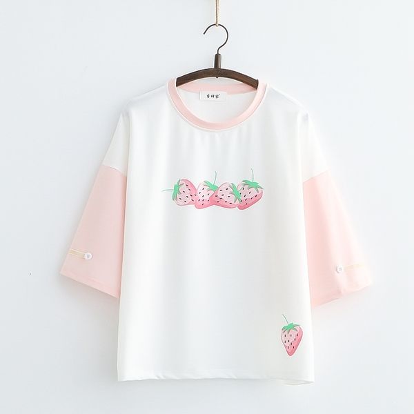 

women's t-shirt kawaii sweet strawberry print t-shirt female short sleeve cute graphic tees women girls japanese cotton summe, White