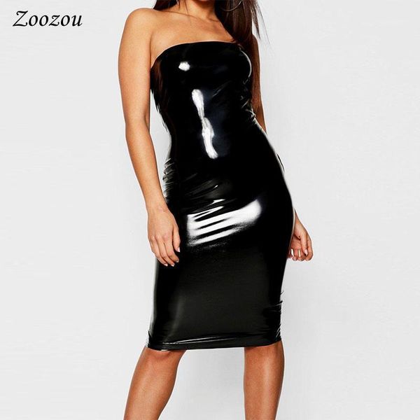 

casual dresses strapless latex patent leather women dress black sleeveless bodycon knee length pencil elegant slim lady custom, Black;gray