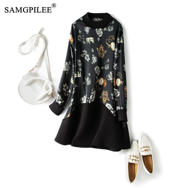

elegant dresses for women 2021 office lady a-line print full sleeve korean fashion clothing empire o-neck winter dress woman 4xl casual, Black;gray