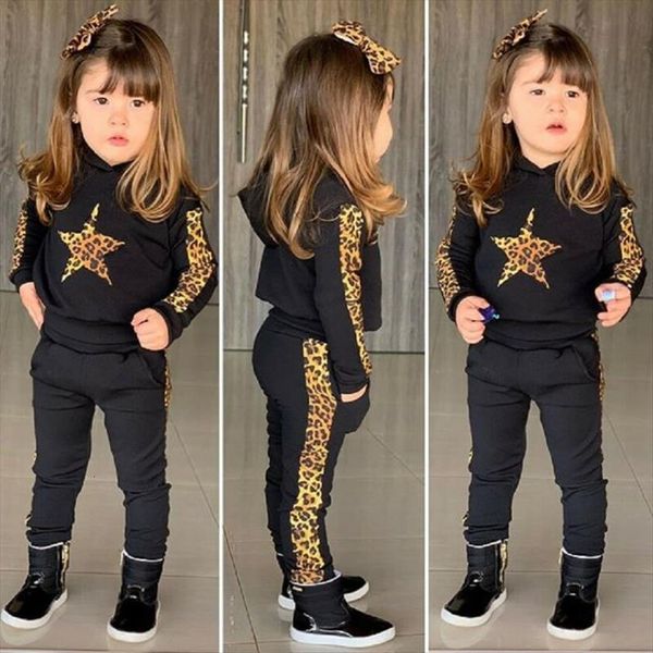 

kids baby girl hood leopard sweater pants trousers cotton outfit clothes set, White
