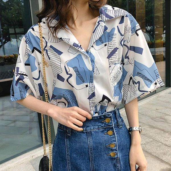 

summer women shirts button cap sleeve korean printing blouses woman causal shirt short v neck retro print chiffon camisa, White