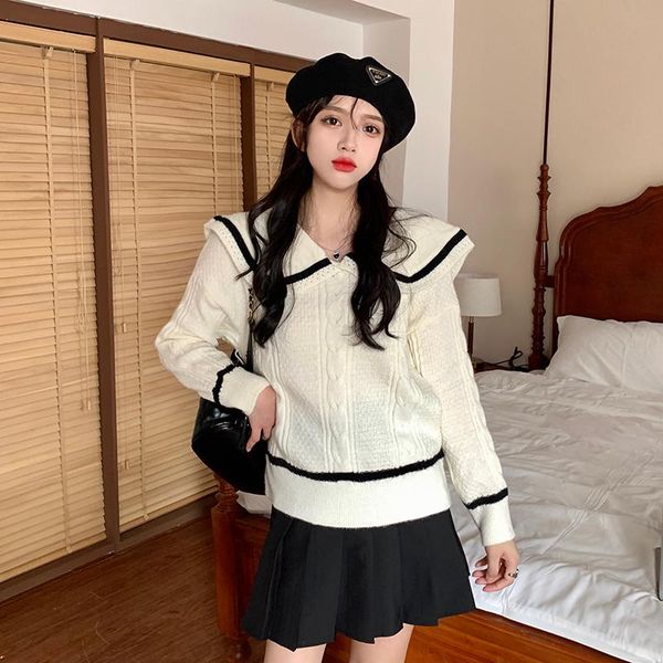 

women's sweaters 2021 autumn arrival korean vintage sailor collar striped loose long sleeve knitted woman ins aesthetic clothes, White;black