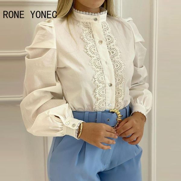 

women's blouses & shirts women solid casual elegant lace and button puff sleeves blouse, White
