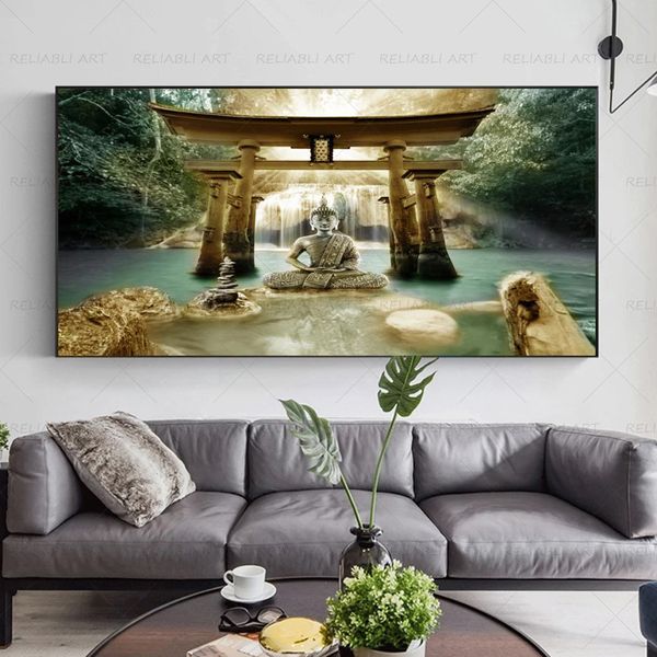 Buddha Waterfall Poster Stampe su tela Religione Pittura Immagini Wall Art For Living Room Modern Home Decor Lake Stone Cuadros