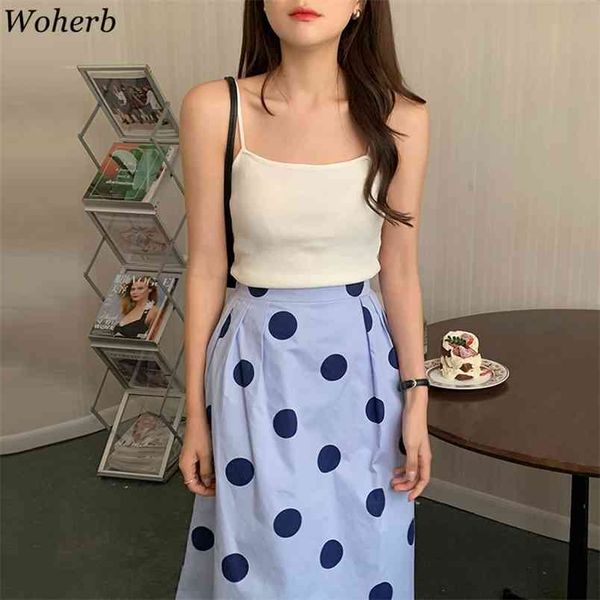 Chic Zwei Stück Set Frauen Weiß Sling Crop Tops Hohe Taille Polka Dot Rock Koreanische Anzug Ropa Mujer 2 für Frau 210519