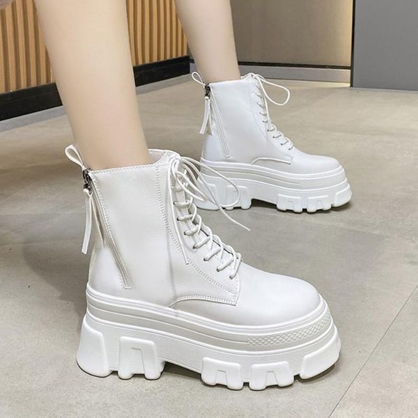 

boots rimocy autumn chunky platform motorcycle women 2021 double zipper thick high heels ankle woman lace-up wedges botas, Black