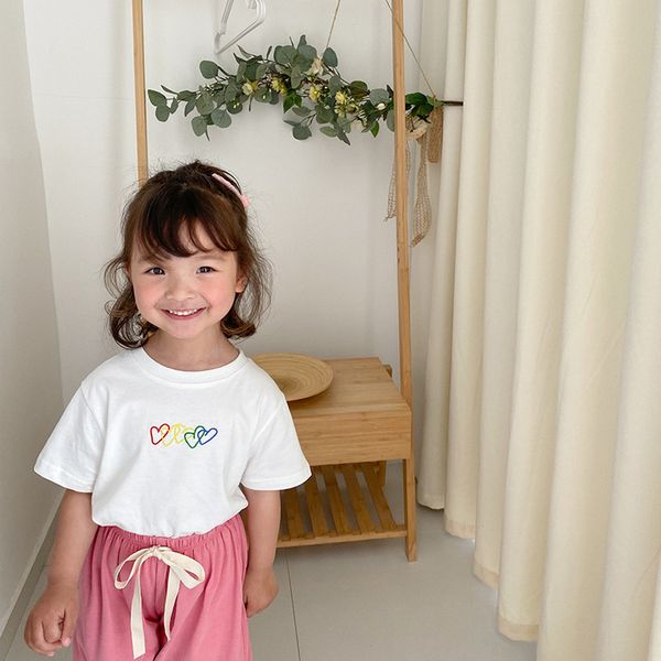 

summer colorful heart embroidery short sleeve t shirts for girls kids casual all-match tees 210508, Blue