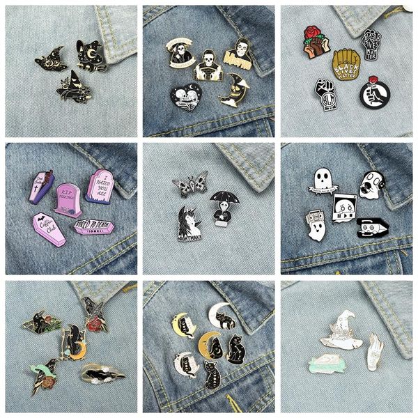 

pins, brooches 3-6pcs/set gothic skull series brooch enamel pins ghost witch coffin bat pin badge collection black punk gifts jewelry, Gray