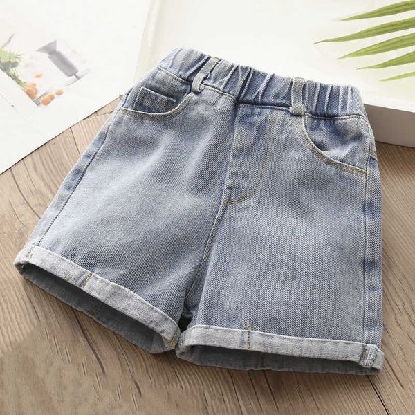 Summer Casual 2 3 4 5 6 7 8 9 10 11 12 Anos Simples All Match Elastic Solid Cor Cor Sold Denim Shorts Para Crianças Baby Girls 210529