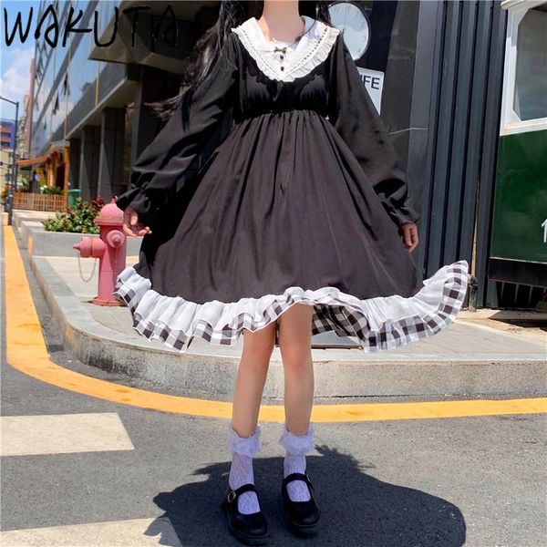 

casual dresses wakuta japanese sweet chic midi dress cute vintage kawaii ruffles soft girls vesitidos slim waist for teen 2021 fall, Black;gray