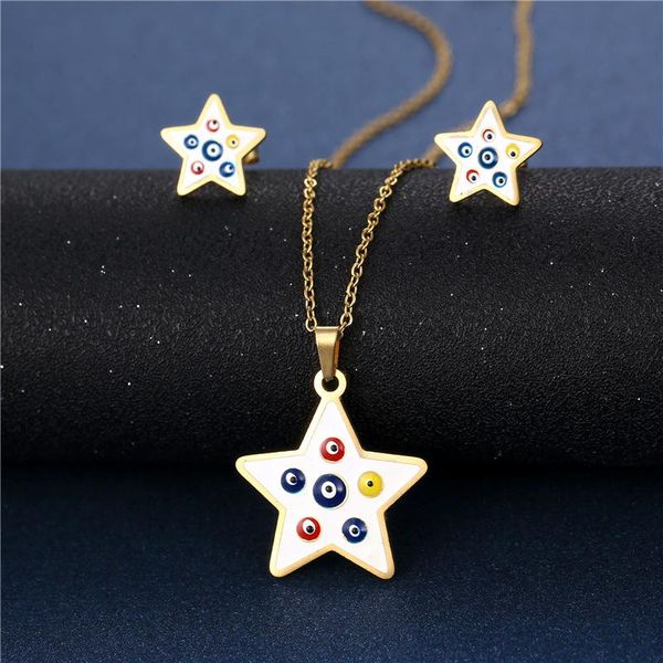 

earrings & necklace stainless steel enamei for women drip oil star set evil eyes couple jewelry female gift, Silver
