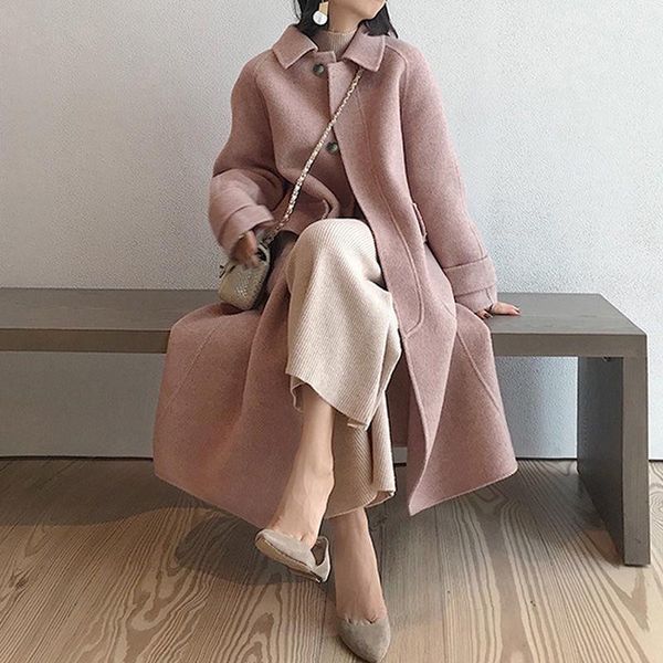 

women's wool & blends women 2021 autumn winter solid color woolen overcoats female mid-long single breasted coats ladies loose warm out, Black