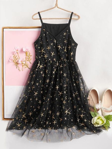 

girls gold starfish print mesh cami dress she, Red;yellow