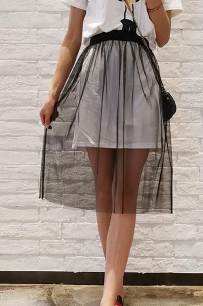 

women's sleepwear 2021 single layer mesh transparent skirts summer half slips for women high waist basic underskirt loose versatile lad, Black;red