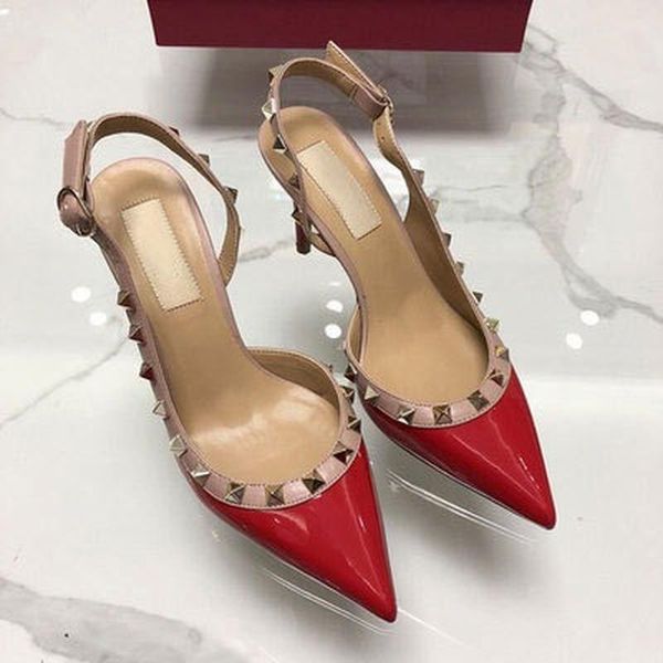 

dress shoes 2021 brand v rivet pointed high heels ladies sandals nude leather mid-heel wedding  cm 8 6 dust bag, Black