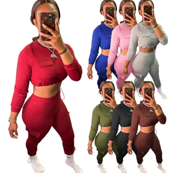 

women's two piece pants 49a6623 autumn winter women casual fashion solid color round neck drawstring pocket set, White