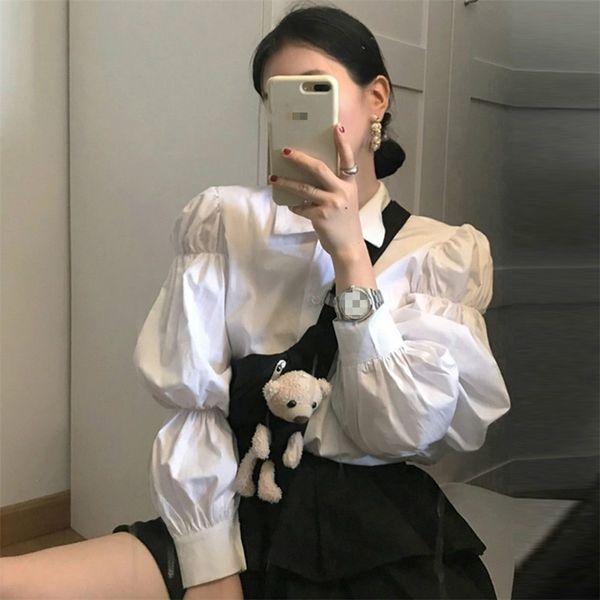 

women turn-down collar solid color blouse single breasted pleated puff sleeve shirt autumn chic fashion blusas gk514 210507, White