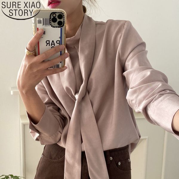 

korean chic fashion bow tie strap women and blouse loose casual long sleeve blouses office lady style female 13341 210417, White