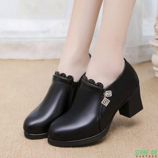 

women shoes 2021 spring autumn leather high heel pumps lady med heels office female dress, Black