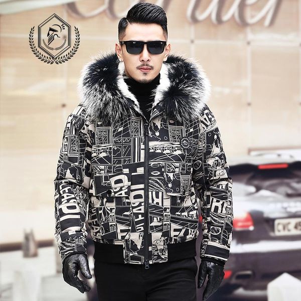 

men's leather & faux men fashion natural shearling jacket casual slim print parkas coat with real/genuine raccoon hoodie, Black
