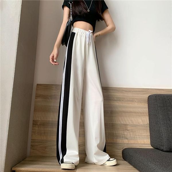 

sports korean fashion stripe women capris elastic waist streetwear wide leg loose casual trousers for female, Black;white