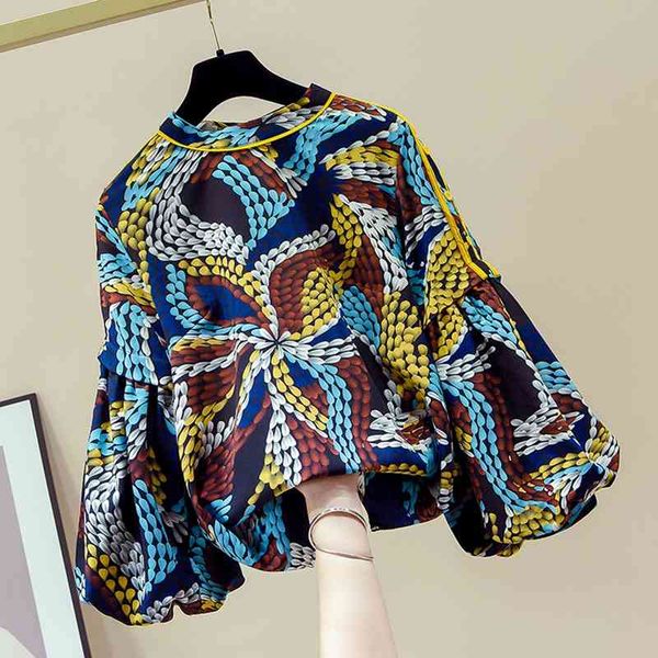 

print lantern sleeve chiffon blouse women's new autumn and winter shirt fashion slim 210421, White
