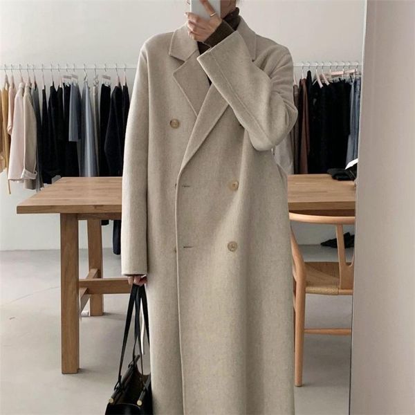 

women's wool & blends chic korean delicate wide-waisted x-long coat winter thick soft comfort all-match simple solid termperament 2021, Black