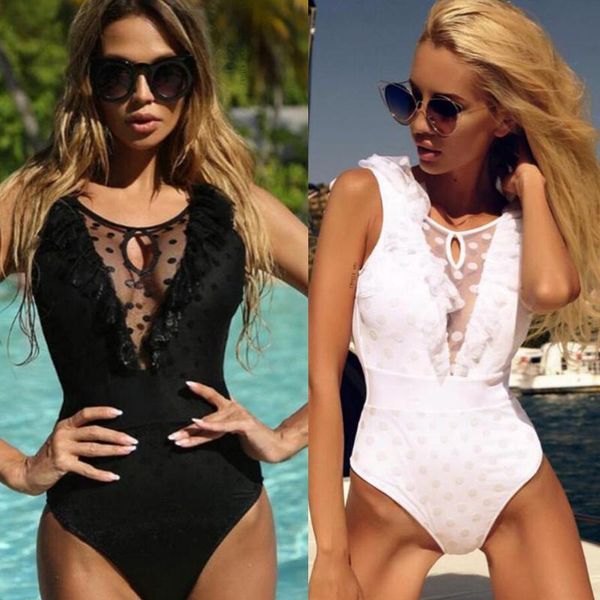 

one-piece suits woman swimsuit high waist bikini push up bathing one piece swimwear lace white black girls